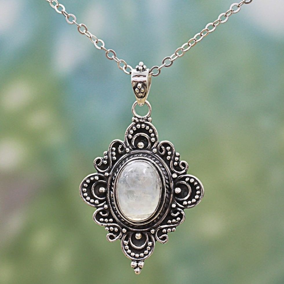 Rainbow Moonstone Sterling Silver Pendant Necklace India 'Elegant Mirror'