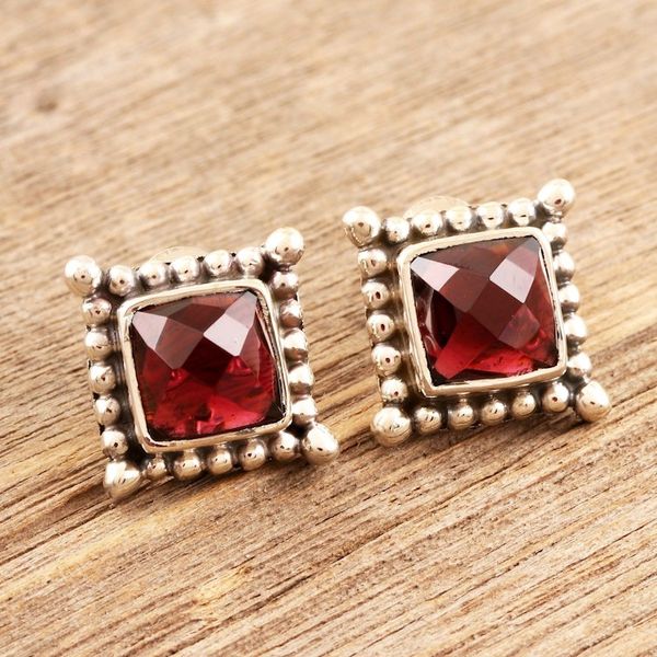 Alternate image for Checkerboard Faceted Garnet Sterling Silver Stud Earrings Picture Perfect in Red