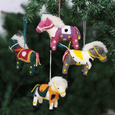Alternate image for Set of 4 Embroidered Wool Felt Pony Ornaments with Fur Winter Ponies