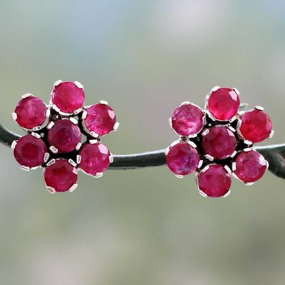 Handmade Agate and Sterling Silver Floral Button Earrings 'Magenta Blossom'