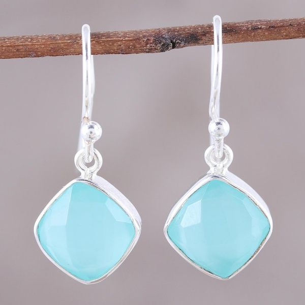 Alternate image for Faceted Aqua Chalcedony Dangle Earrings Sea Glass