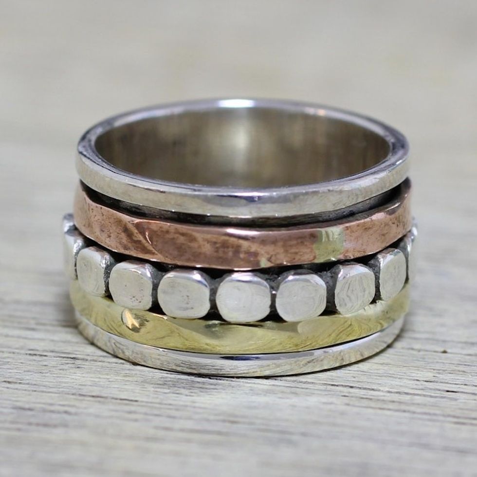 Sterling Silver Copper and Brass Spinner Ring from India 'Paved Road'