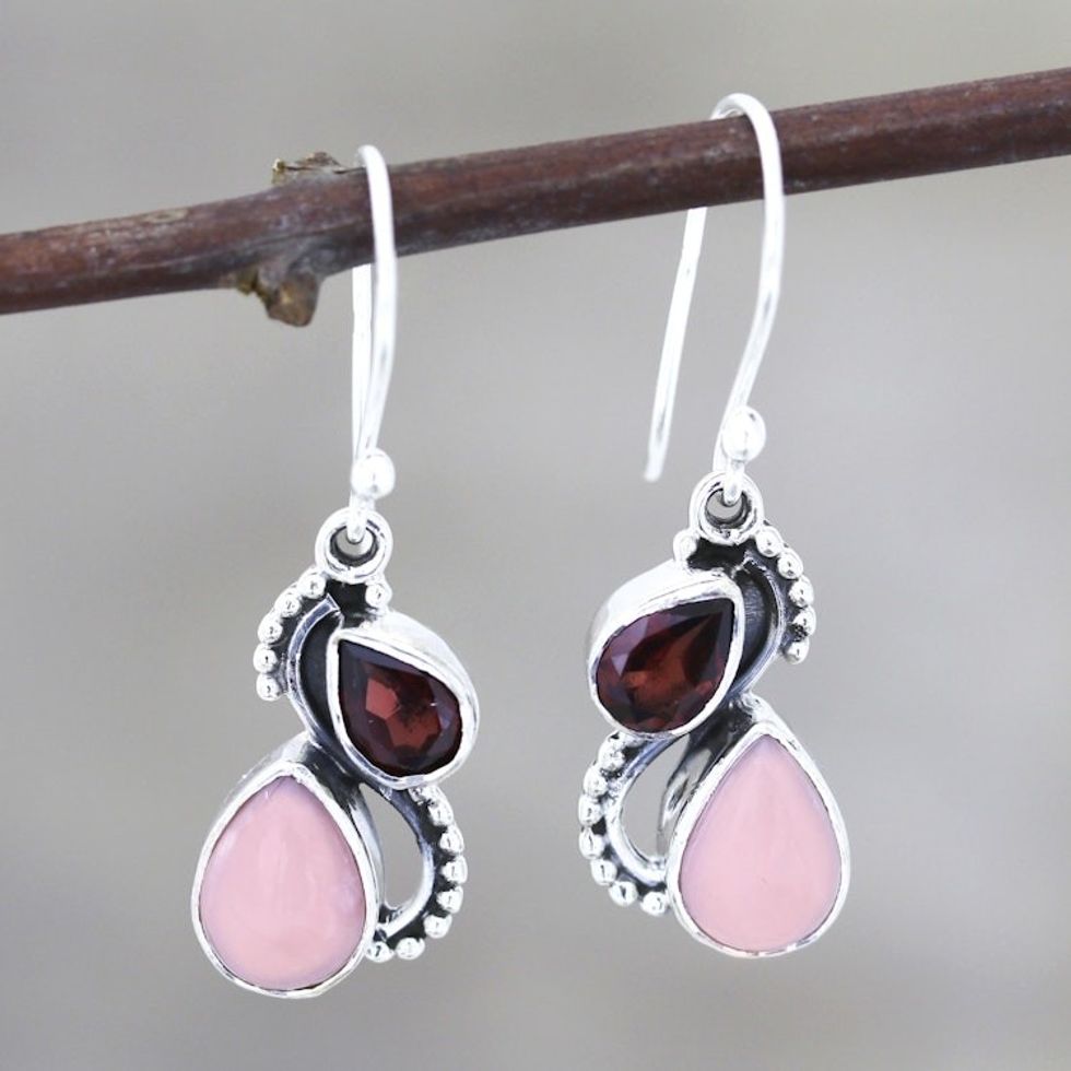 Garnet and Opal Teardrop Dangle Earrings from India 'Two Teardrops'