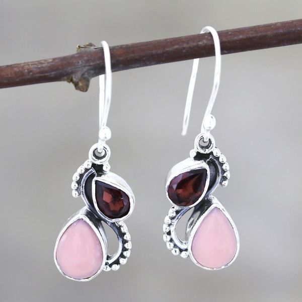 Alternate image for Garnet and Opal Teardrop Dangle Earrings from India Two Teardrops