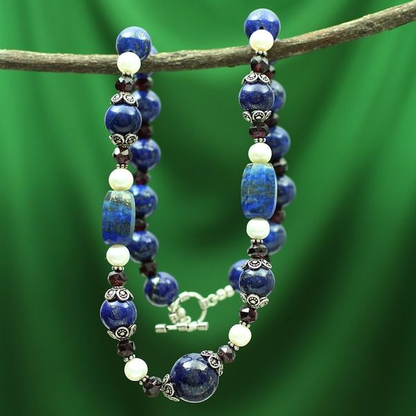 Alternate image for Lapis lazuli and pearl strand necklace India Sky