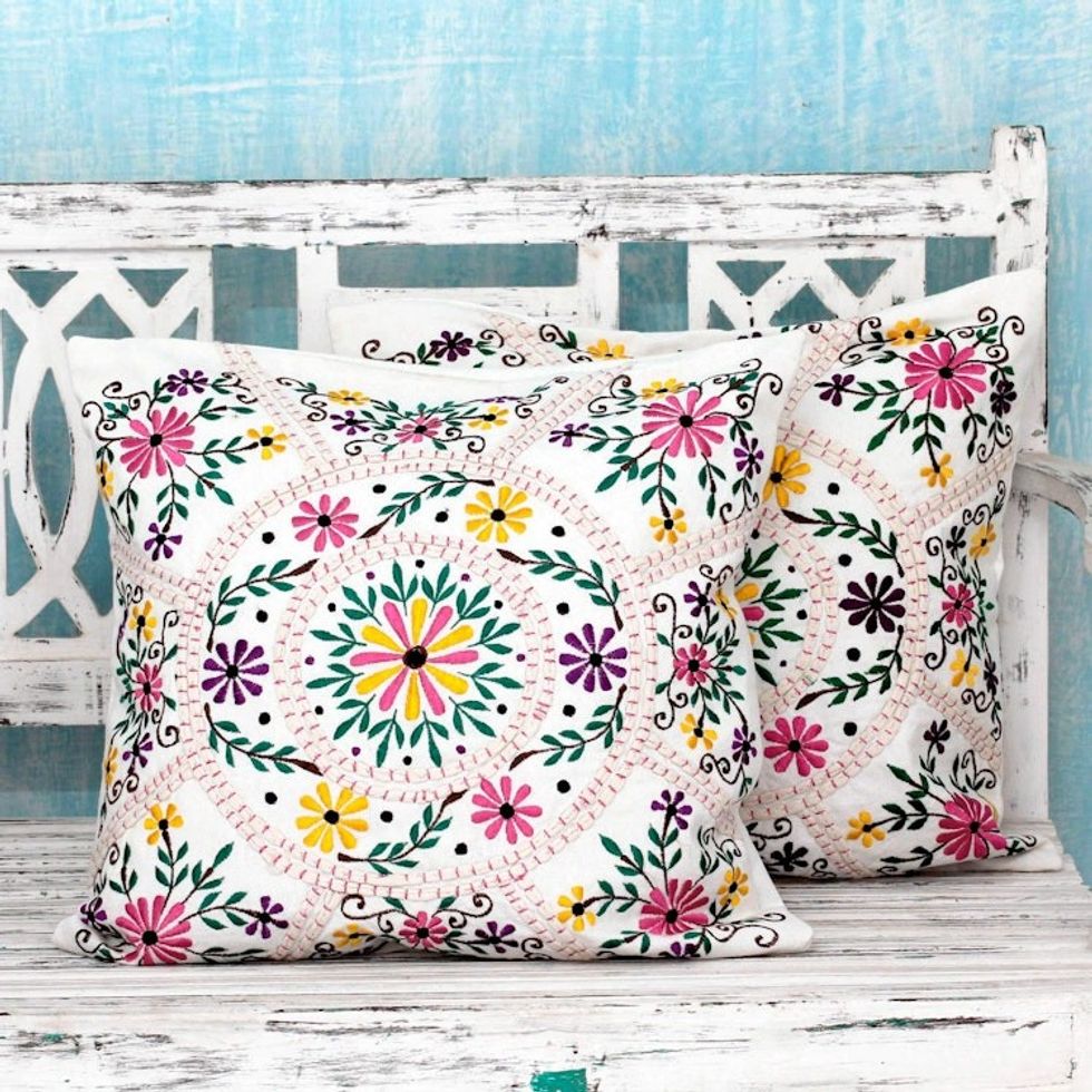 Bright Flower Embroidery White Cotton Cushion Covers Pair 'Floral Carousel'