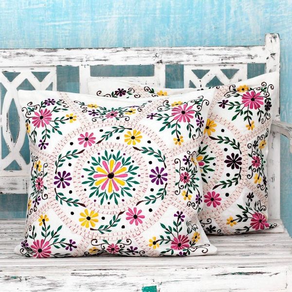 Alternate image for Bright Flower Embroidery White Cotton Cushion Covers Pair Floral Carousel