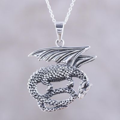 Alternate image for Sterling Silver Dragon Pendant Necklace from India Curled Dragon