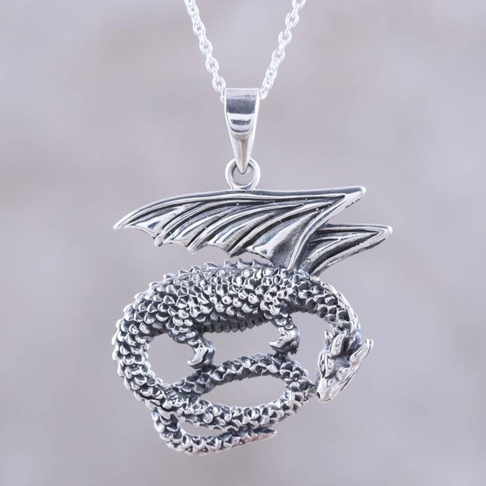 Sterling Silver Dragon Pendant Necklace from India 'Curled Dragon'
