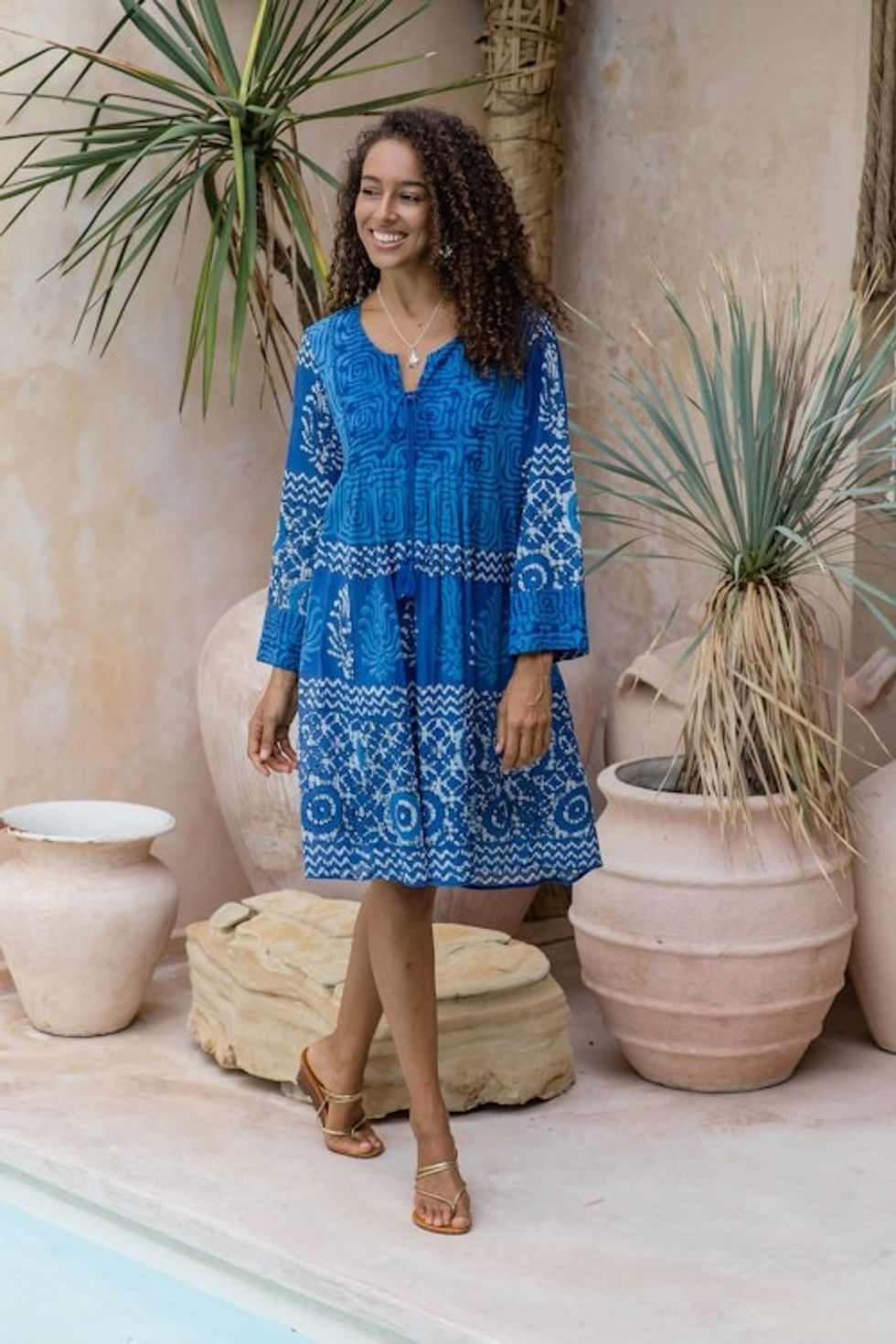 Embroidered Blue Cotton Easy-Fit A-Line Dress from India 'Heavenly Blue'