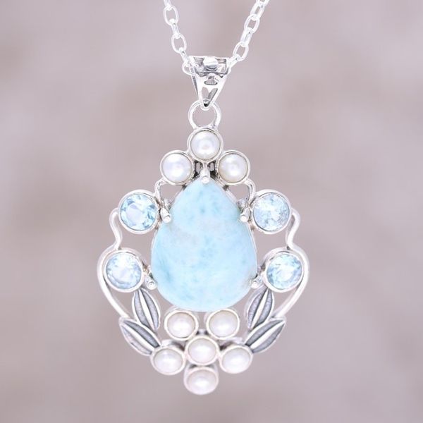 Alternate image for Blue Topaz and Cultured Pearl Necklace with Larimar Basket of Blossoms