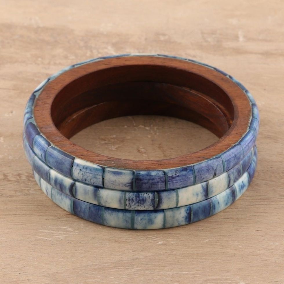 Blue Bone and Mango Wood Bangle Bracelets Set of 3 'Blue Saga'