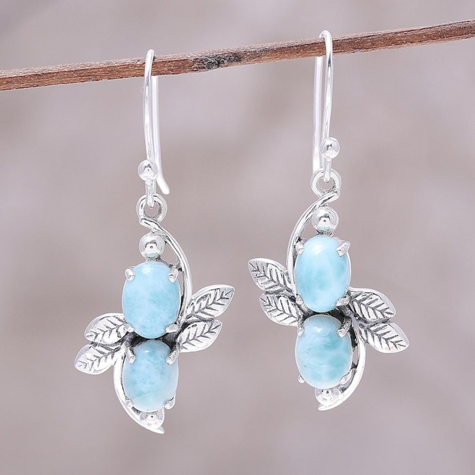 Larimar Ovals and Sterling Silver Leaves Dangle Earrings 'Sky Flower Duo'