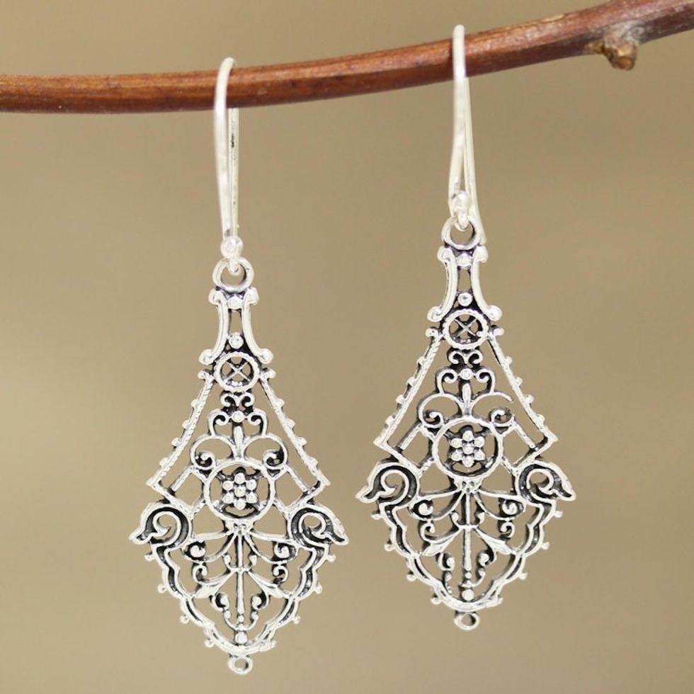 Openwork Sterling Silver Dangle Earrings Crafted in India 'Garden Gateway'