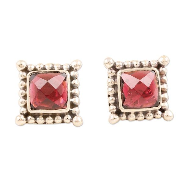 Alternate image for Checkerboard Faceted Garnet Sterling Silver Stud Earrings Picture Perfect in Red