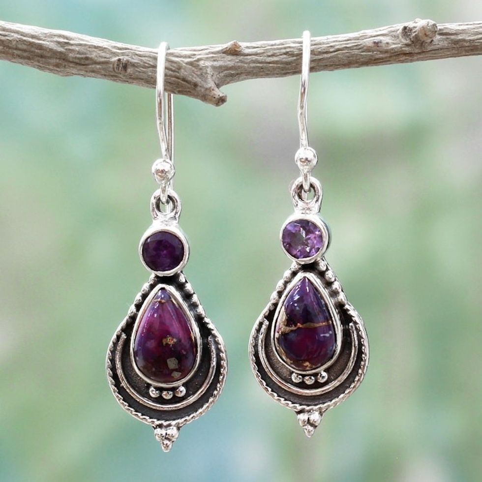 Silver Earrings with Amethyst and Composite Turquoise 'Mughal Lilac'