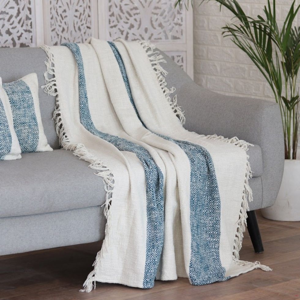 Fringed Cotton Throw Blanket from India 'Diamond Elegance in Teal'