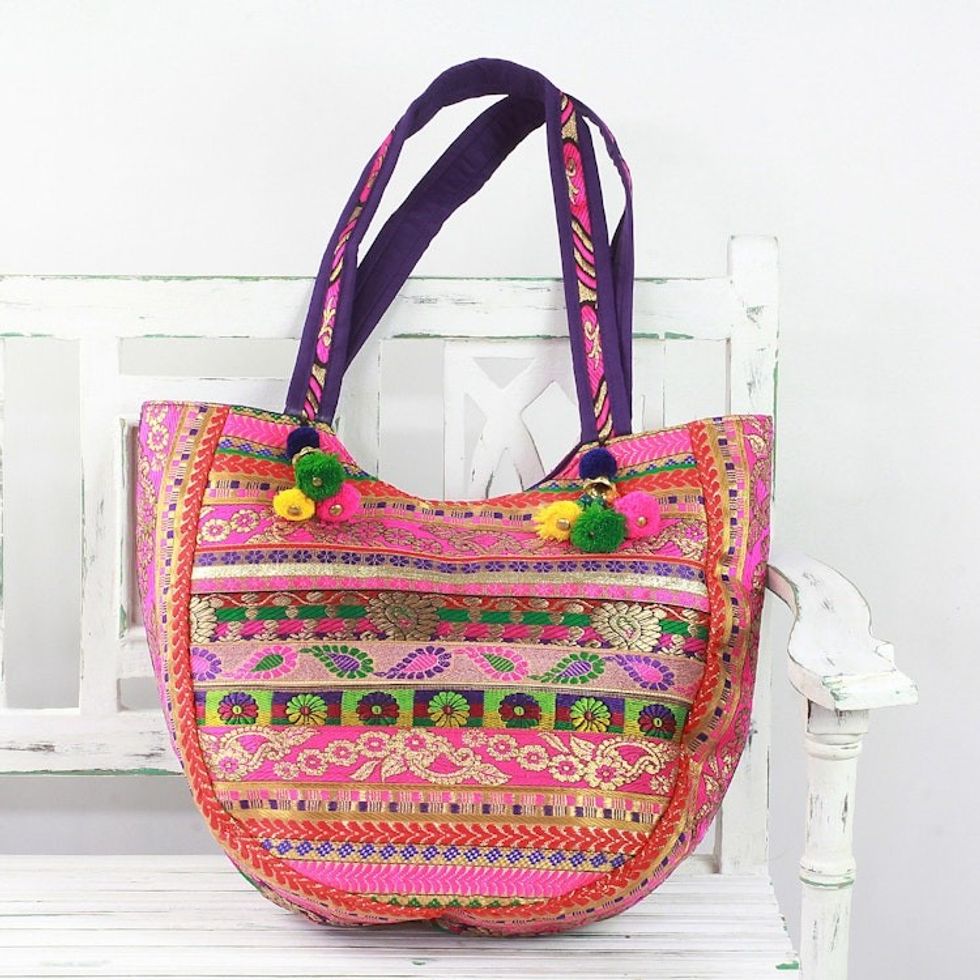 Polyester Floral Paisley Tote Handbag from India 'Paisley Glamour'