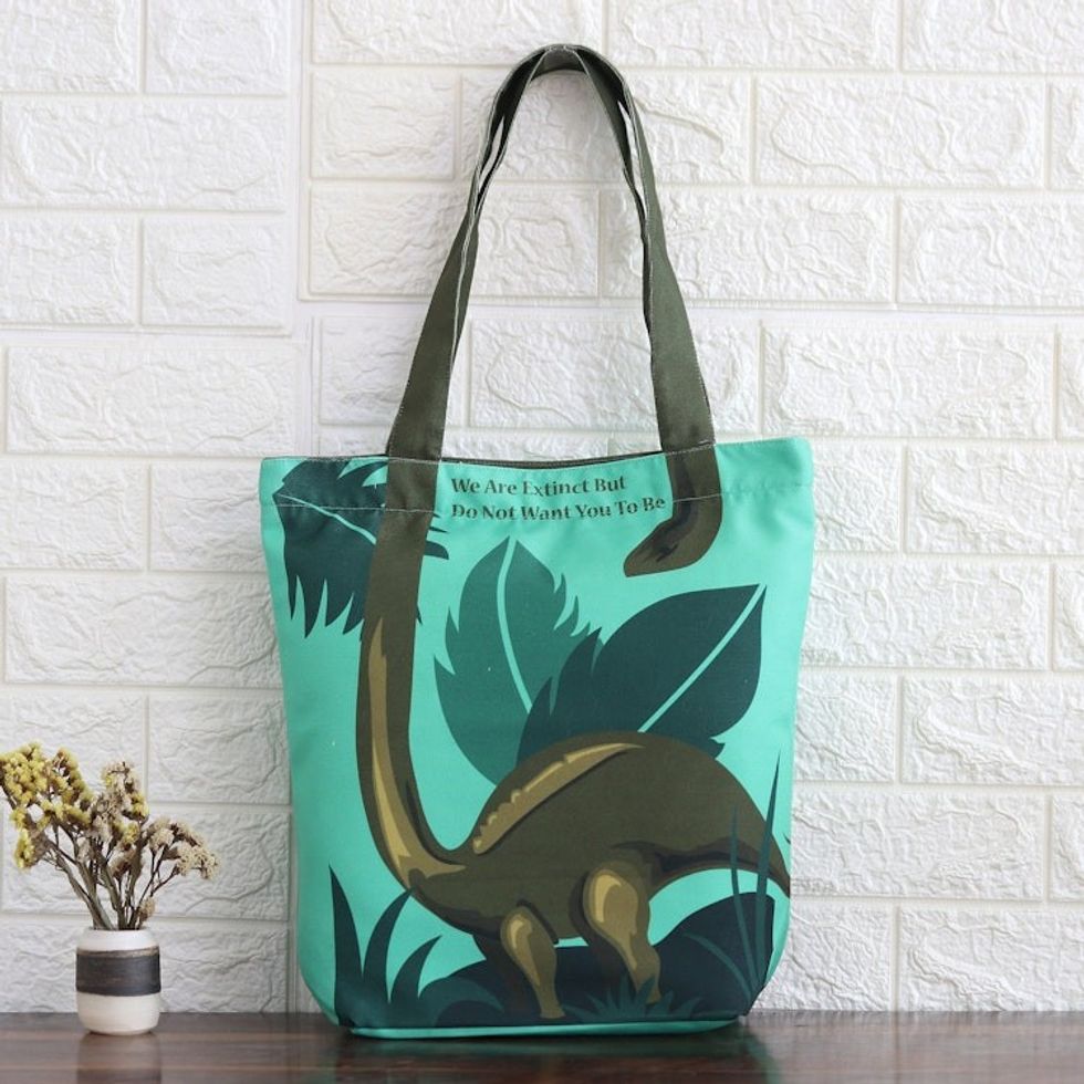 Cotton Tote Bag with Printed Dinosaur Motif in Green 'Dinosaur's Message'