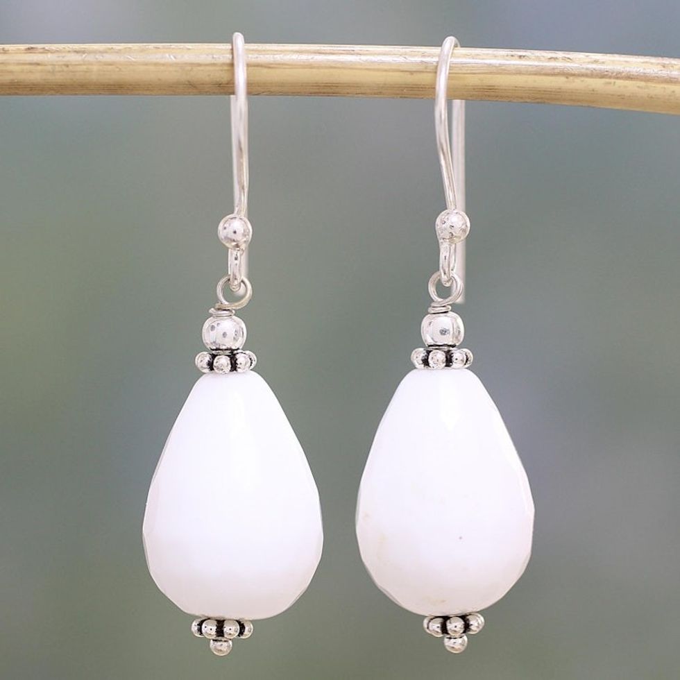 Sterling Silver and White Agate Dangle Earrings from India 'Pure Wonder'