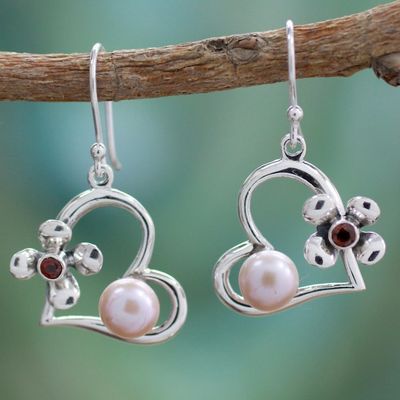 Alternate image for Hearts and Flowers Earrings with Pearls Garnets and Silver Heart of Romance