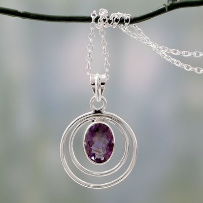 Alternate image for Modern Artisan Crafted Silver and Amethyst Pendant Necklace Twin Halo