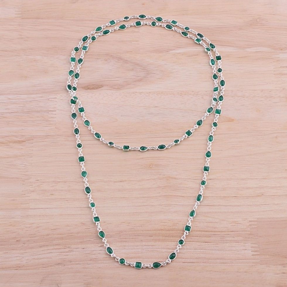 Green Onyx and Sterling Silver Link Necklace from India 'Delightful Gleam'