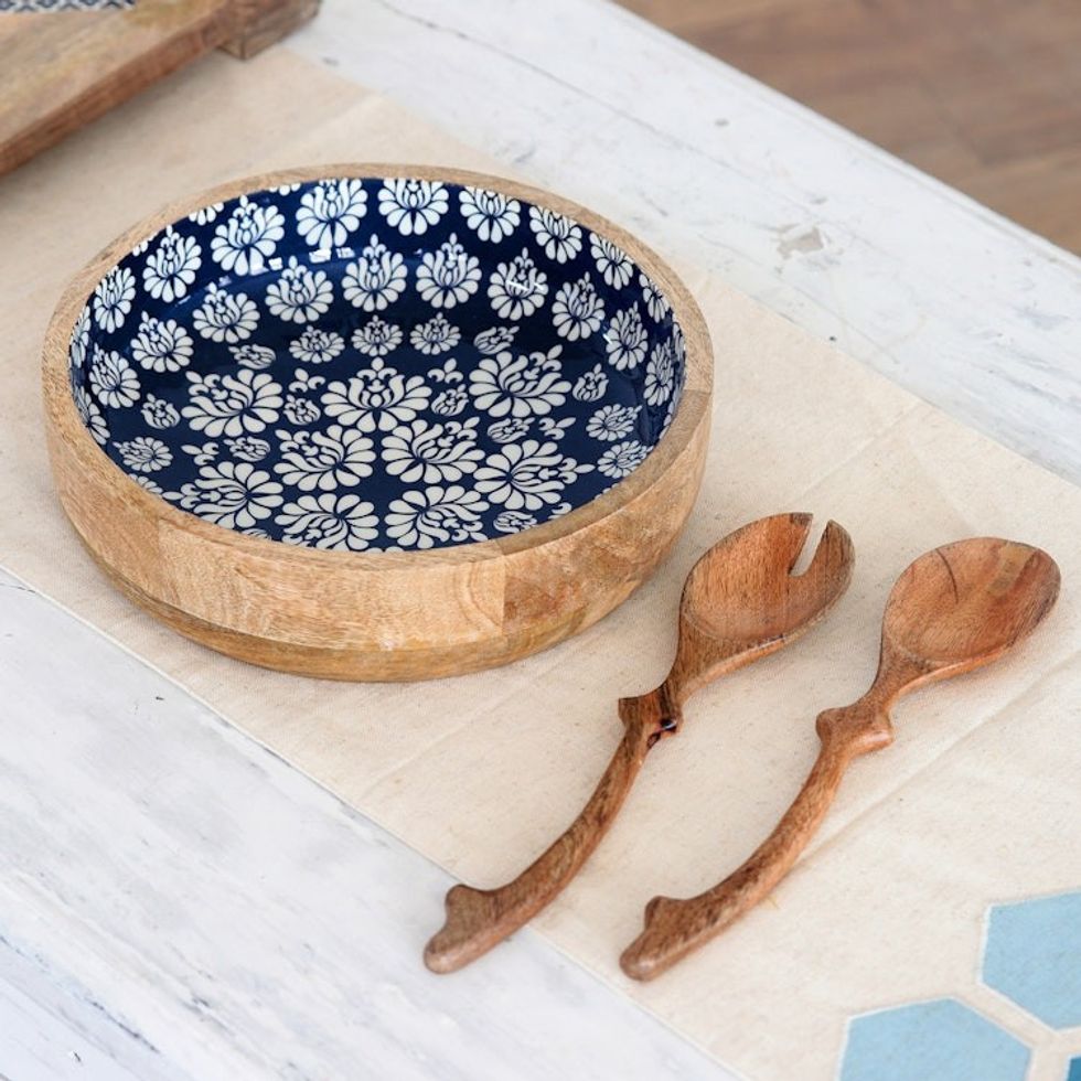 Handcrafted Wood Salad Bowl and Servers 3 Piece Set 'Delhi Lotus'