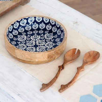 Alternate image for Handcrafted Wood Salad Bowl and Servers 3 Piece Set Delhi Lotus