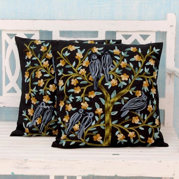 Alternate image for 2 Indian Aari Embroidered Black Cotton Cushion Covers Birds in the Night