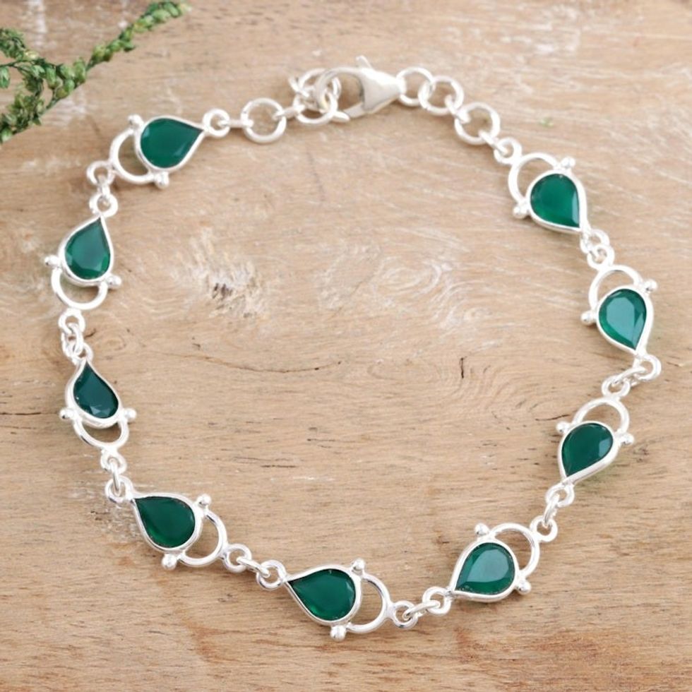 Dark Green Onyx and Sterling Silver Link Bracelet 'Gleaming Drops in Forest Green'