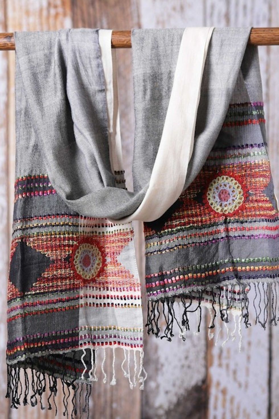 Woven Viscose Scarf with Embroidery in Grey White and Red 'Timeless Splendor'