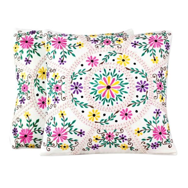 Alternate image for Bright Flower Embroidery White Cotton Cushion Covers Pair Floral Carousel