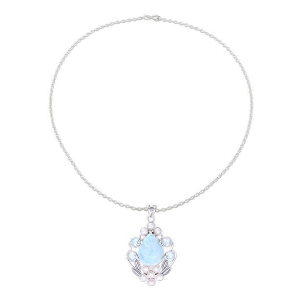Alternate image for Blue Topaz and Cultured Pearl Necklace with Larimar Basket of Blossoms