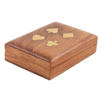 Alternate image for Handcrafted Brown Acacia Wood Deck Box with Playing Cards Challenging Fortune