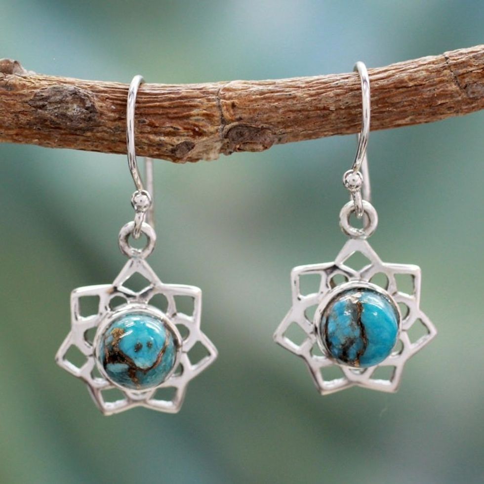 Turquoise Color Earrings Hand Crafted in Sterling Silver 'Star of Gujurat'