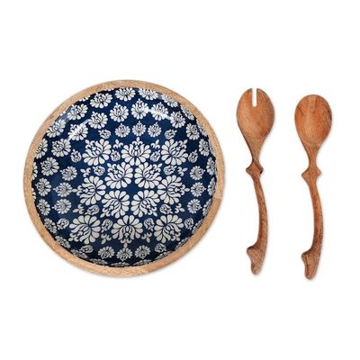 Alternate image for Handcrafted Wood Salad Bowl and Servers 3 Piece Set Delhi Lotus