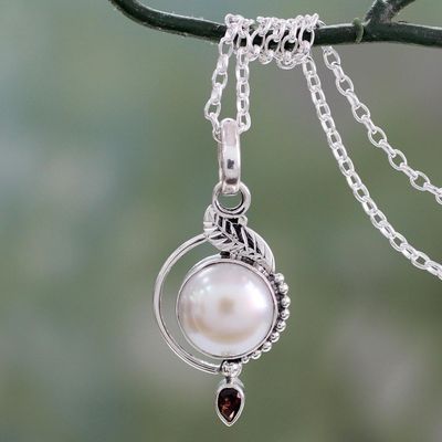 Alternate image for Leaf Theme Silver and Cultured Pearl Necklace with Garnet Sublime Romance
