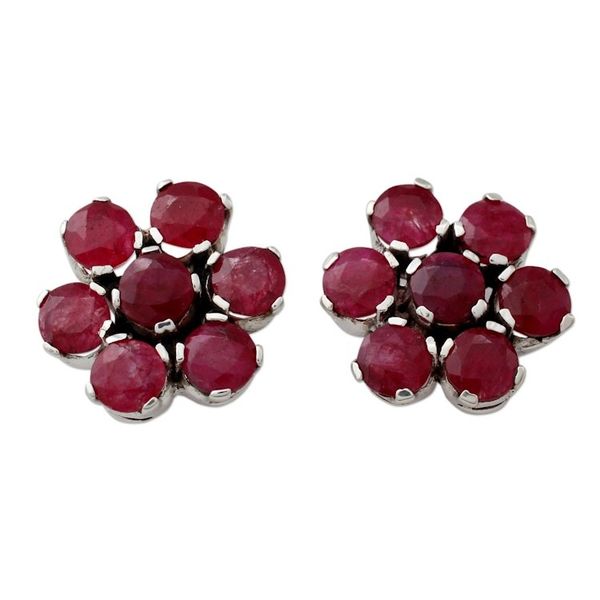 Alternate image for Handmade Agate and Sterling Silver Floral Button Earrings Magenta Blossom