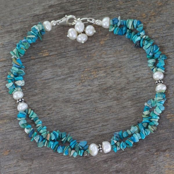 Alternate image for Cultured Pearl and Calcite Beaded Strand Anklet from India Nautical Song