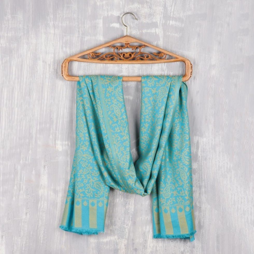 Jacquard Woven Turquoise and Maize Modal Shawl 'Paisley Fanfare in Maize'