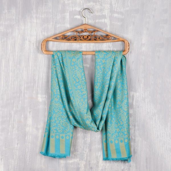 Alternate image for Jacquard Woven Turquoise and Maize Modal Shawl Paisley Fanfare in Maize