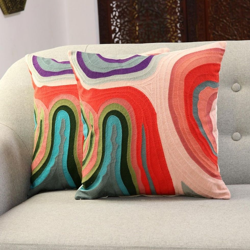 Abstract Embroidered Cotton Cushion Covers from India Pair 'Abstract Morning'