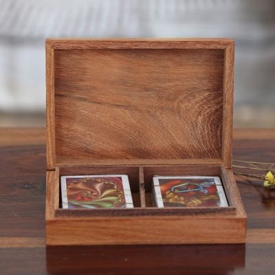 Alternate image for Handcrafted Brown Acacia Wood Deck Box with Playing Cards Challenging Fortune