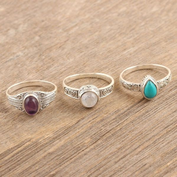 Alternate image for Set of 3 Sterling Silver Cocktail Rings with Cabochons Triple Harmony