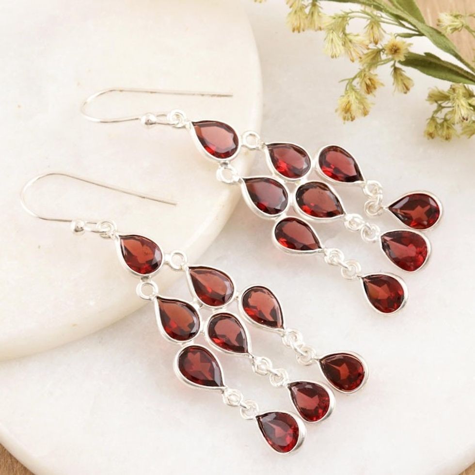 Sterling Silver and Garnet Chandelier Earrings 'Garnet Cascade'