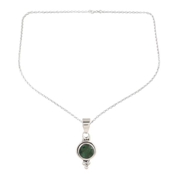 Alternate image for Indian Emerald and Sterling Silver Pendant Necklace Air Bubble in Green