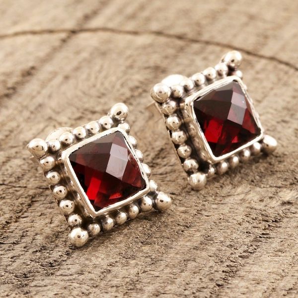 Alternate image for Checkerboard Faceted Garnet Sterling Silver Stud Earrings Picture Perfect in Red