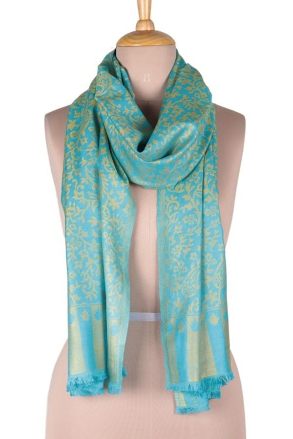Alternate image for Jacquard Woven Turquoise and Maize Modal Shawl Paisley Fanfare in Maize