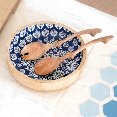 Alternate image for Handcrafted Wood Salad Bowl and Servers 3 Piece Set Delhi Lotus